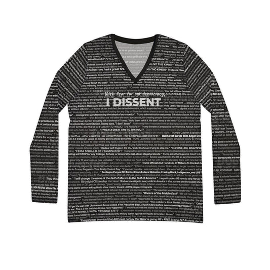 Anti-Trump V-neck Top for Women (black with white script overlaid by, "With Fear For Democracy, I DISSENT")